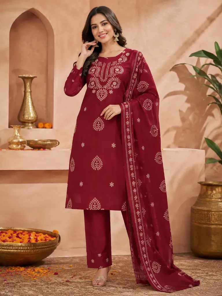 [RR42] Maroon Cotton Printed Suit Set