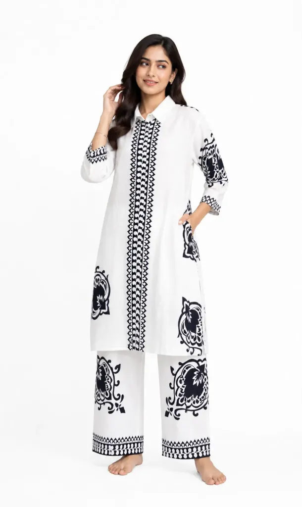 [A36] Black & White Motif Tunic Set