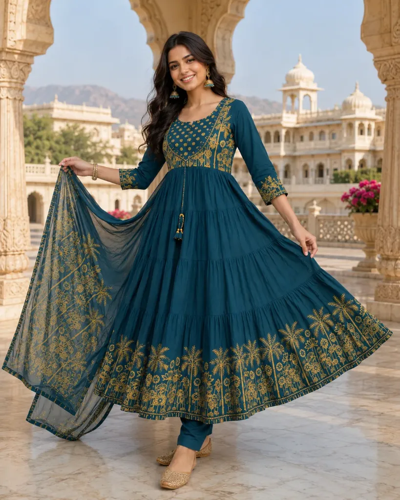 [TB44] Teal Blue Printed Anarkali Set