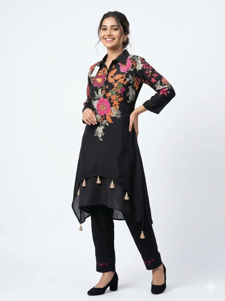 [BD40] Black Asymmetric Floral Co-ord Set