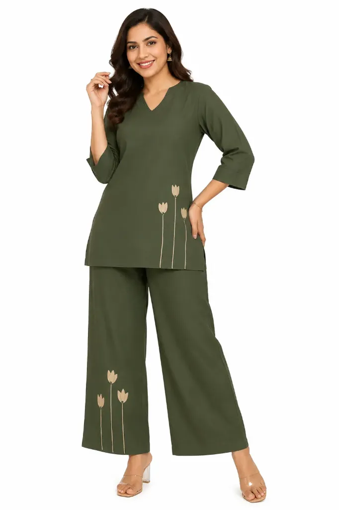Olive V-Neck Ethnic Ensemble