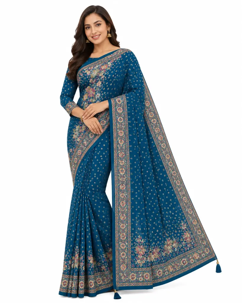 Floral Elegance Blue Saree